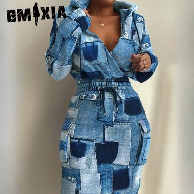 Women's Fashion Autumn Winter Solid Color Print Long Sleeve Hooded High Waist Casual Dresses