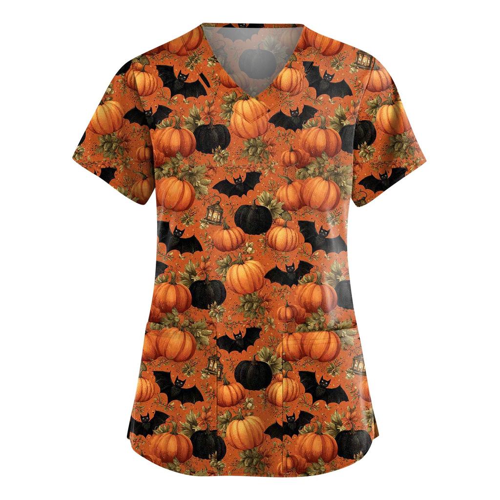 Women's Fashion V-Neck Short Sleeve Overalls With Pockets Halloween Printed Tops  Apparel