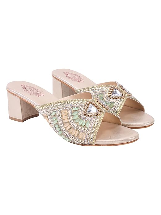 Shoetopia Womens luxury Embellished Block Heel Sandals |Slip-On Party & Wedding Heels with Beaded Strap footwear EU41 : 24CM золотистый