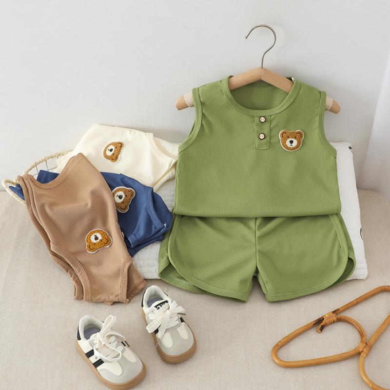 2Pcs/Set Boys Girls Sleevesless Clothes Suit Kids Bear Patch Thin Summer Outfits Solid Color Vest Top Shorts Children Set