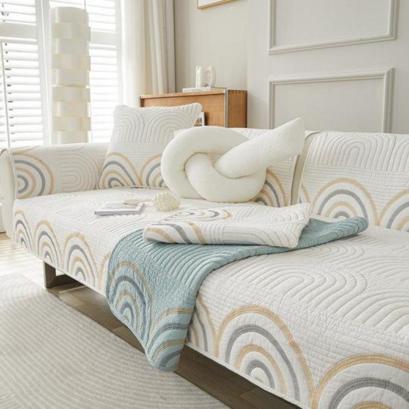 Embroidery Rainbow Sofa Covers Cotton Non-Slip Sofa Mat Winter Warm Couch Slipcovers for Living Room Solid Color Soft Sofa Towel
