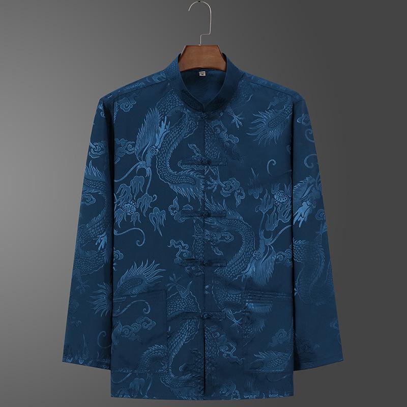 Men's Retro Ice Silk Long-Sleeved Tang Suit for Spring/Summer - Middle-Aged & Elderly Hanfu Tai Chi Outfit