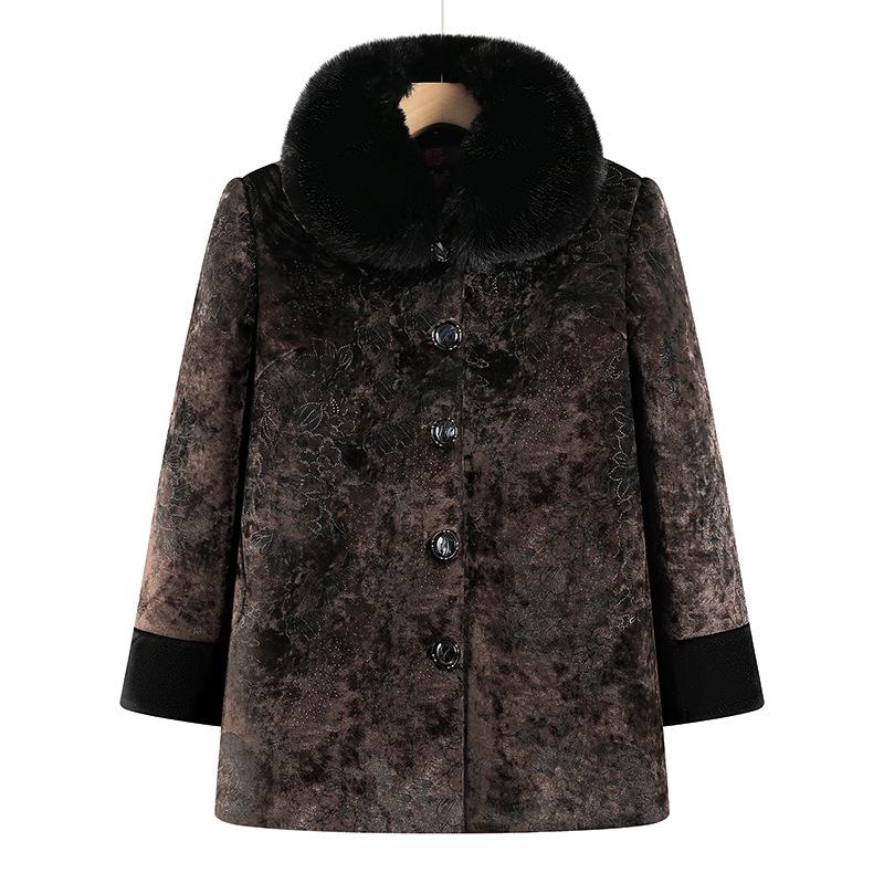Mom's Winter 2025 Gold Velvet Fur Collar Jacket - Plus Velvet Thickened Cotton Top for Middle-Aged & Elderly Women.