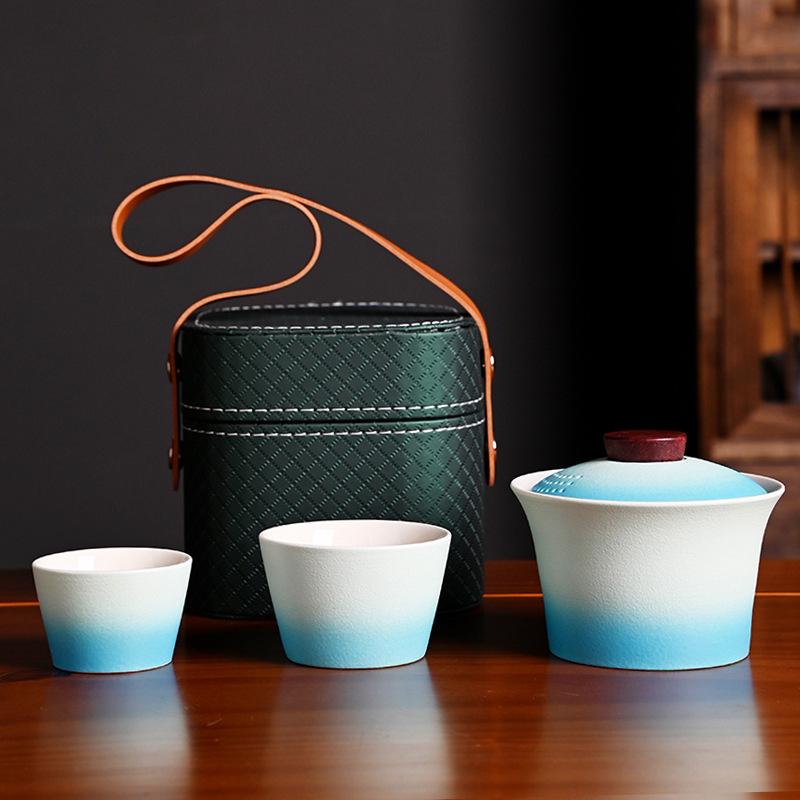 

Gradual change glaze portable express cup travel outdoor tea set cover bowl gift handy gift leather bag small set gift