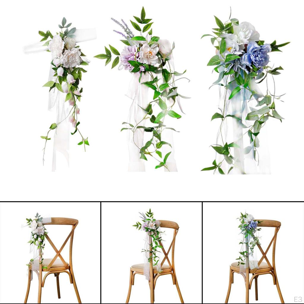 Chair Back Flower Rose Floral with Leaves and Ribbons for Ceremony Backdrop Decor