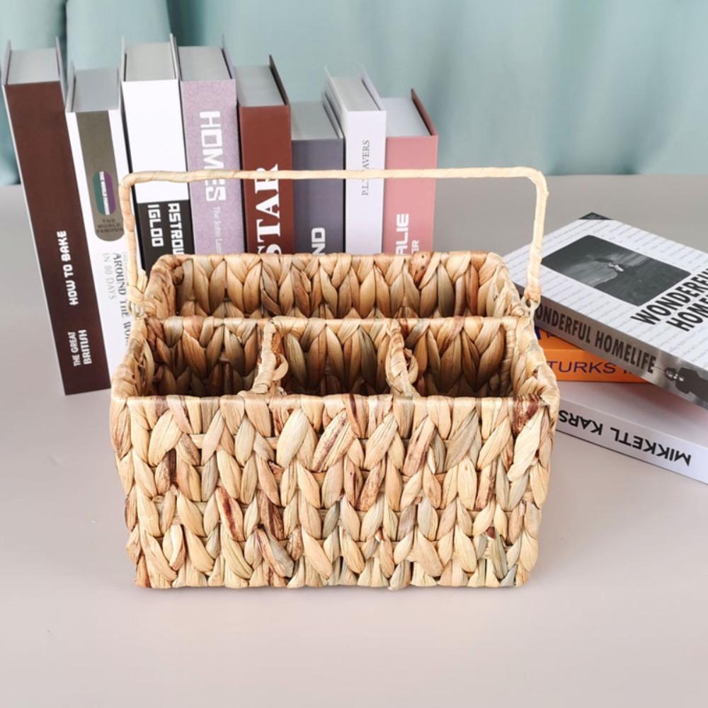 Water Hyacinth Handwoven Cutlery Organizer Rectangular Dinnerware Storage Basket  Bedroom