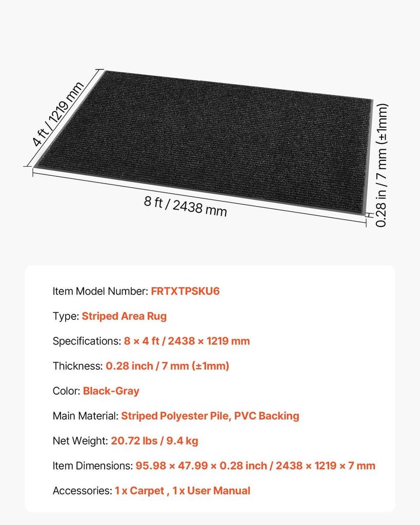 Front Door Mat, 2438 x 1219 mm Commercial Floor Mat for Indoor and Outdoor, Stylish Striped Industrial Carpet with PVC Backing, Heavy Duty Washable