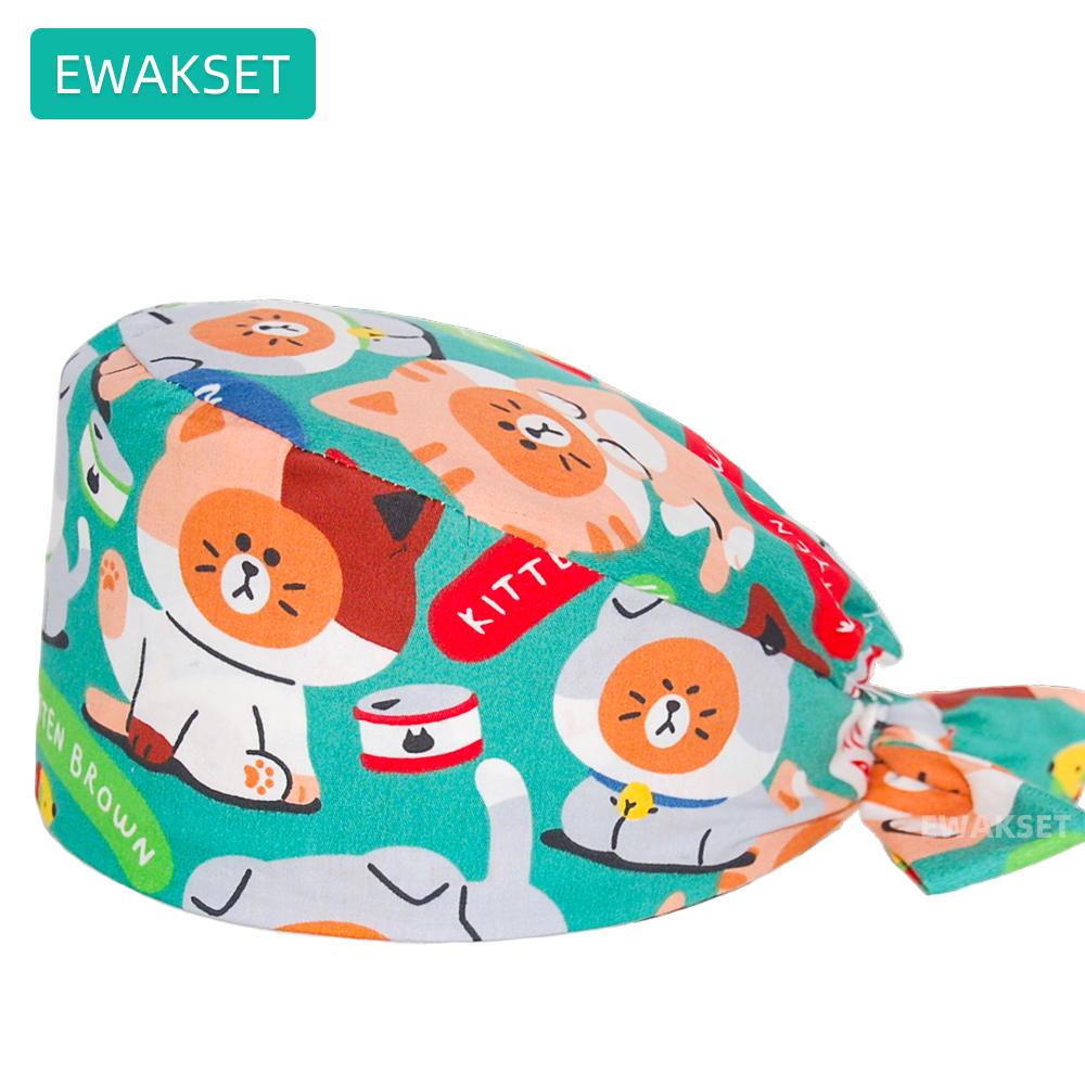 Women Men Cute Cat Printed Scrub Cap Breathable Cotton Medical Surgical Cap Adjustable Doctor Nurse Working Hat