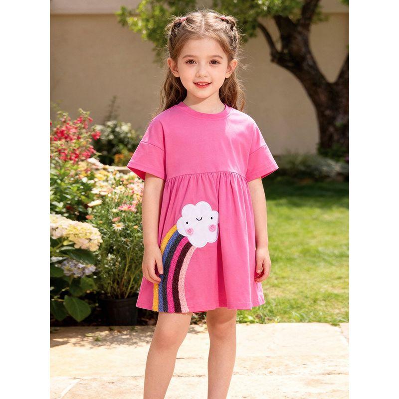 European and American Style Soft and Waxy Girls' Short-Sleeved Dress Summer Rose Red Rainbow Embroidered Knitted Skirt Casual Princess Skirt