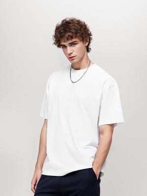 9.17oz 260Grams Seamless Straight Cotton T-shirt Men Oversized Loose Solid Color Drop Shoulder Short Sleeve  Summer