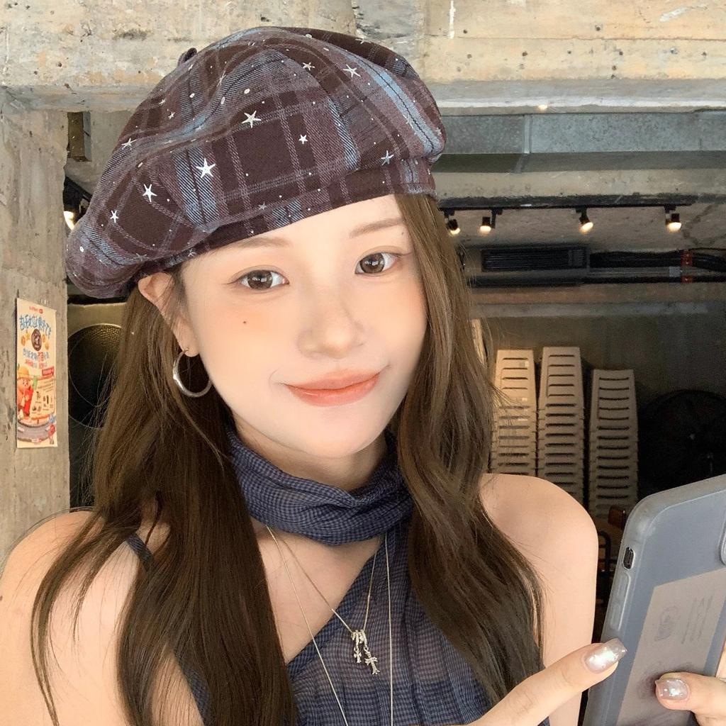 Korean Autumn And Winter Plaid Star Versatile Octagonal Hat Female British Retro Literary And Artistic Face Small Beret Painter Hat