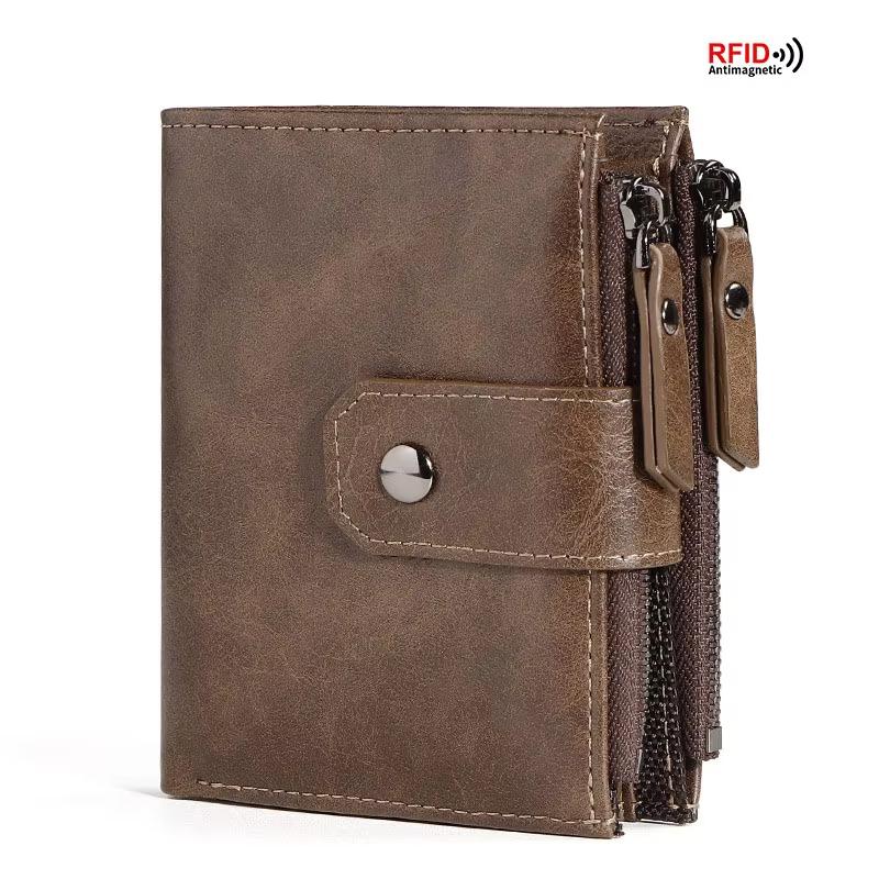Men's RFID Blocking Zipper Coin Purse Wallet Vintage PU Leather Credit Card Holder Money Bag For Men