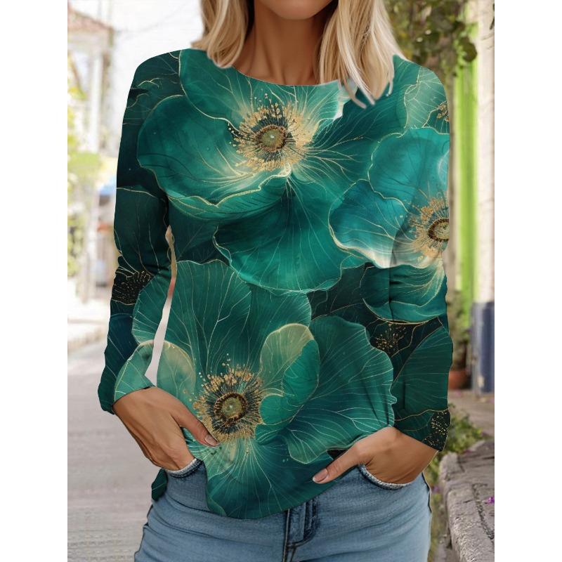 Women's 3d printed flower T-shirt fashion long-sleeved round neck regular tops holiday weekend blue spring and autumn wear