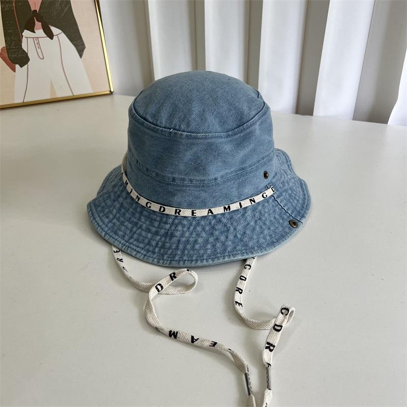 Retro denim bucket hat women's new strap-up big brim denim hat travel shade versatile sunscreen hat