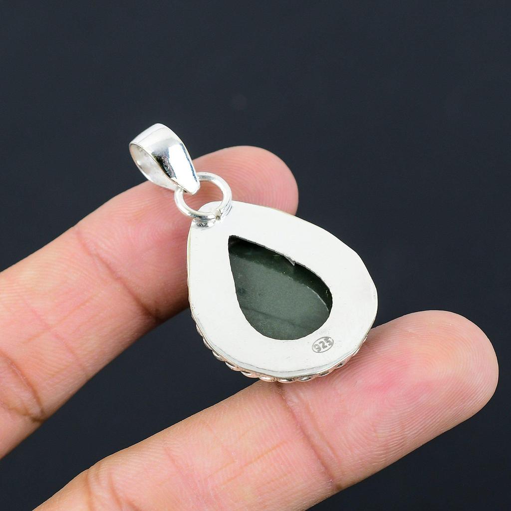 Easter Sale Sterling Silver Natural Rainforest Jasper Art Deco Pendant Jewelry