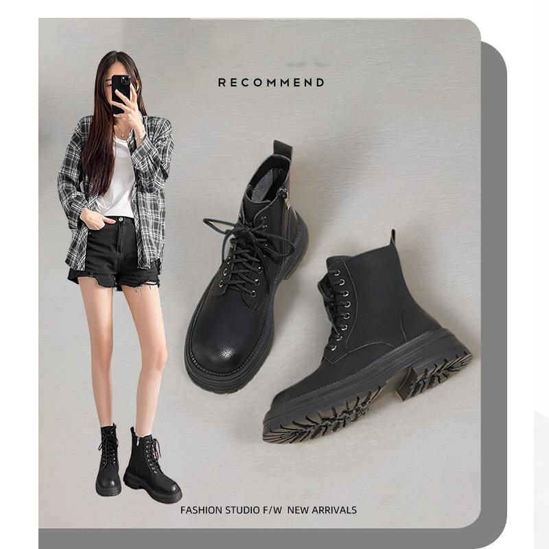 Soft cowhide~ Leather lace-up Martin boots for women's new low-top British style sweet and cool locomotive thick-soled heightening short boots