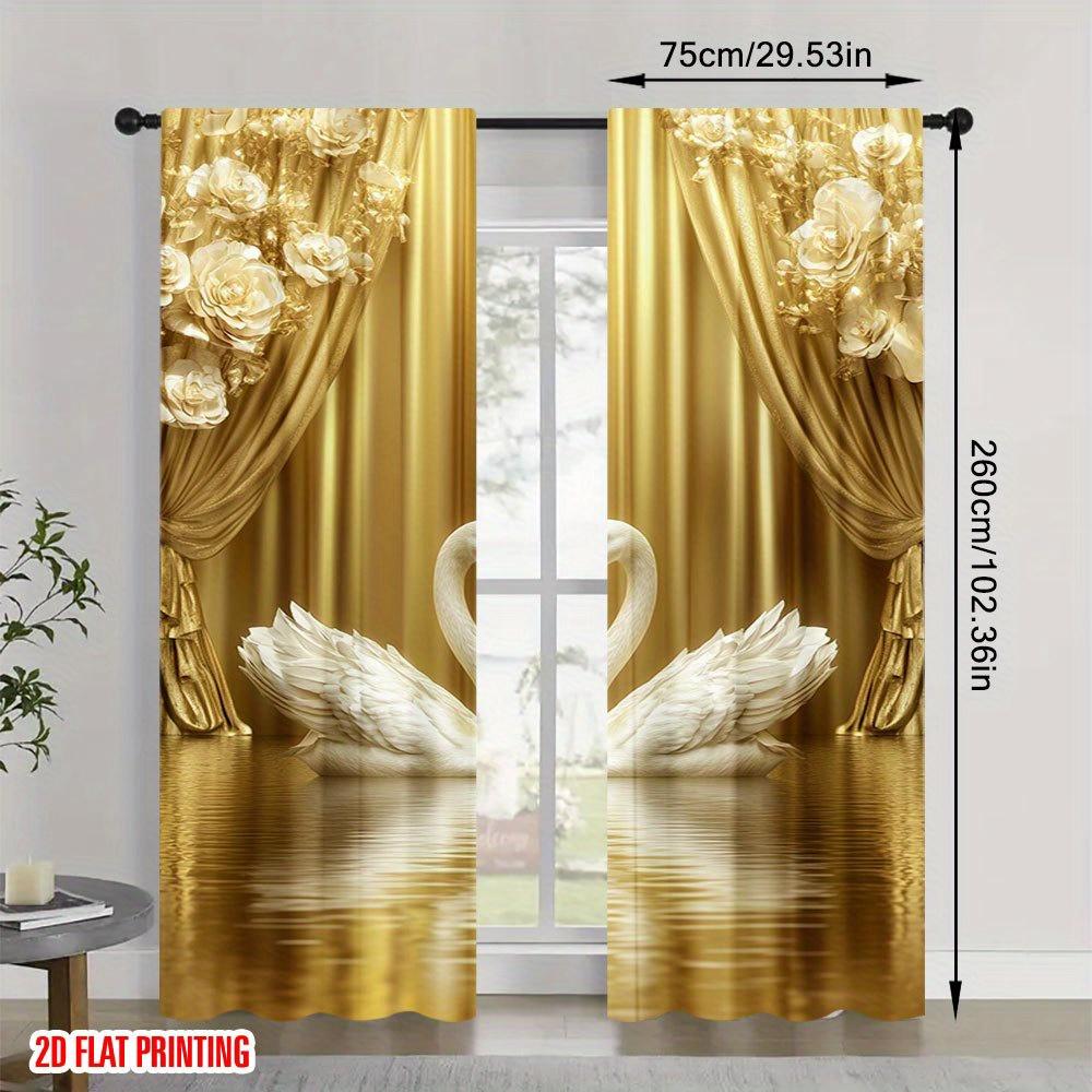 2pcs Elegant Gold Swan Print Curtains  for Study  Modern Bedroom   Stylish Living Room   Chic Kitchen   Spacious Balcony & Home Decor
