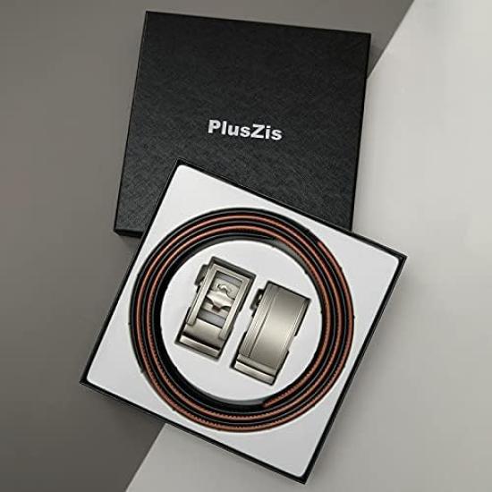 PlusZis Leather Ratchet Dress Big with Automatic Basic Black Gun Edge Adjustable Men's Belt, & Tall, Buckle, - Black. Waist 28"-68"