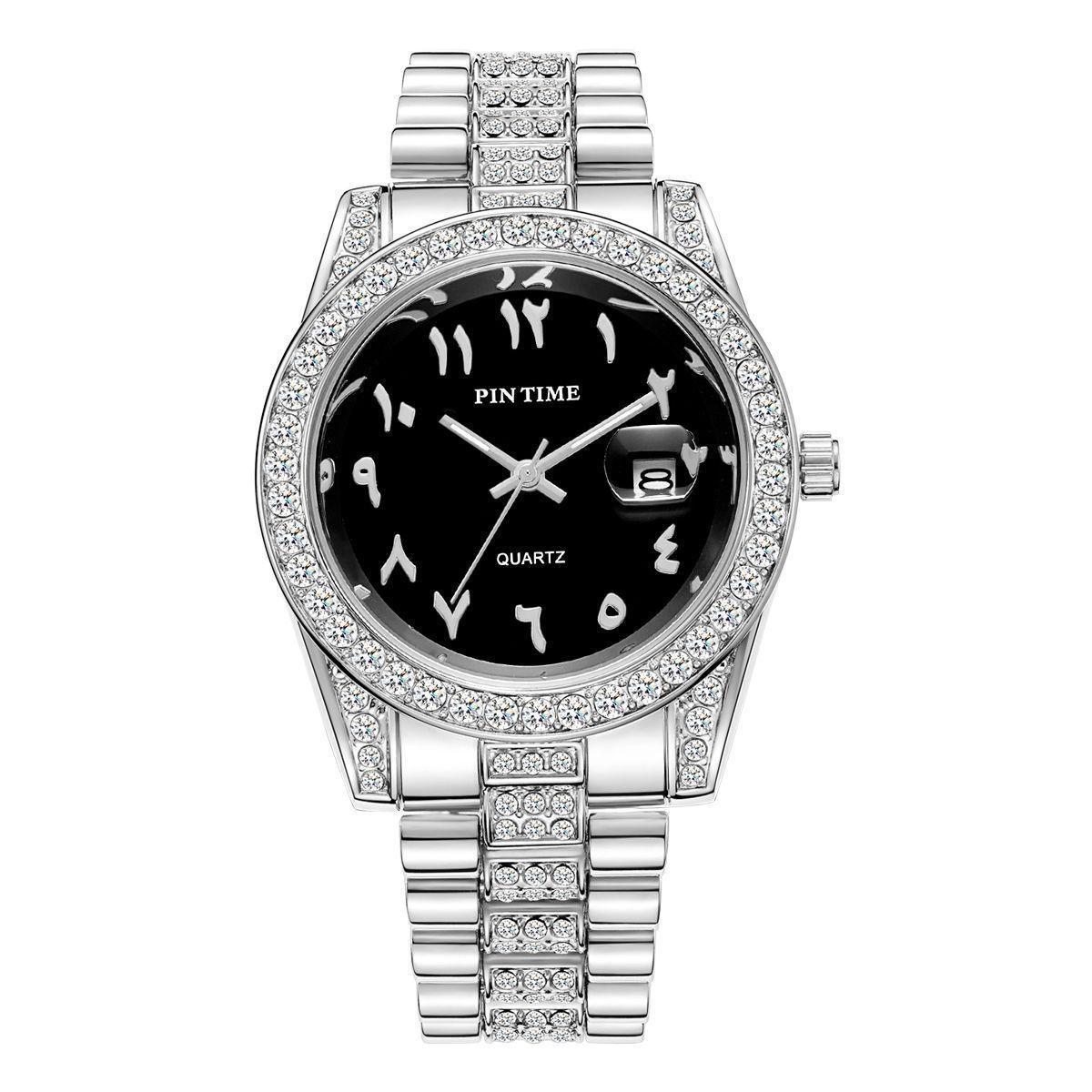 

PINTIME Male Quartz Watches With Diamond Studded Bezel Design Arabic Numeral Scale Fashion Business Style Men s Waterproof Calendar Luminous Watch срібний/чорний
