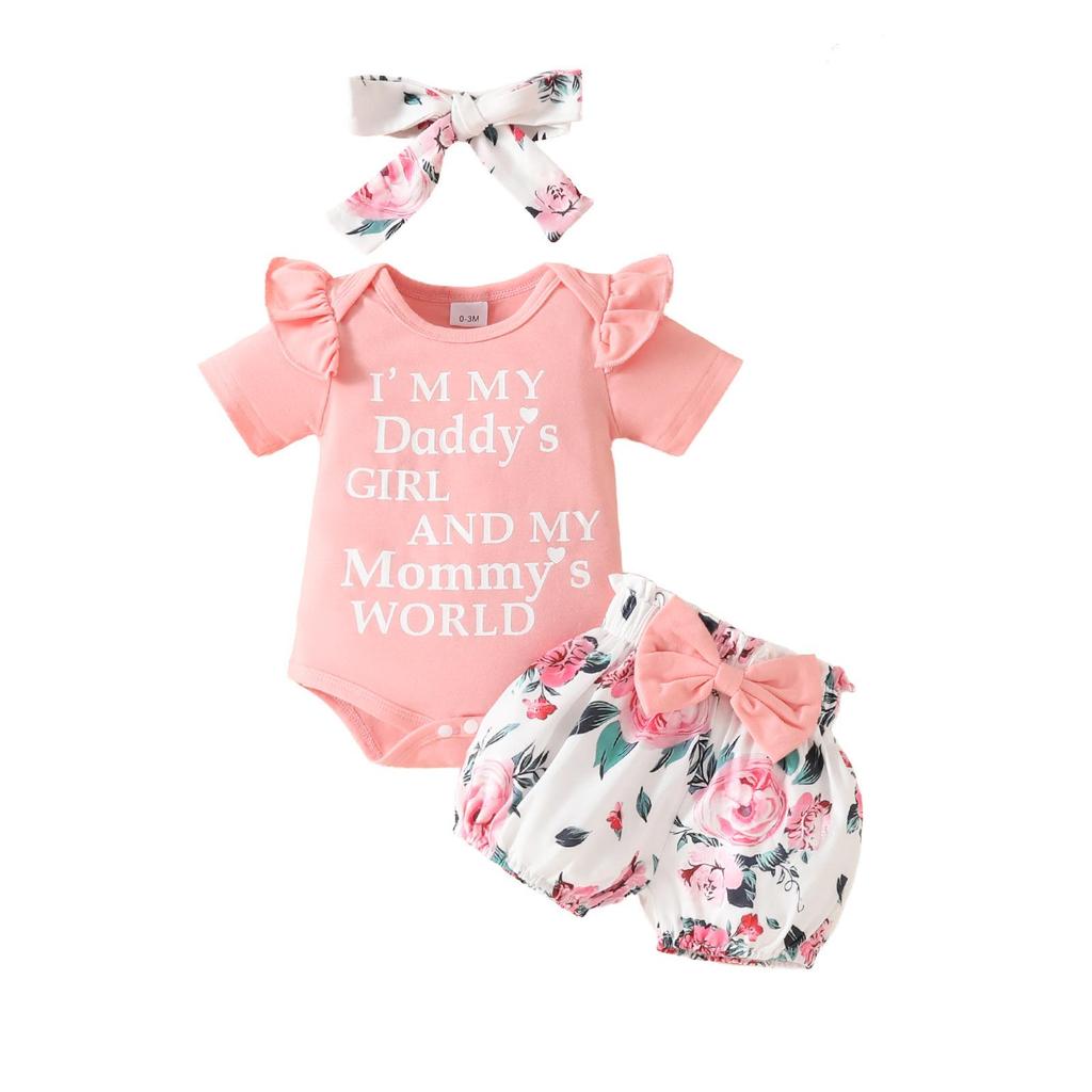Summer Baby Girl Floral Outfit: Lettered Flutter Sleeve Bodysuit & Bowknot Flower Shorts Set