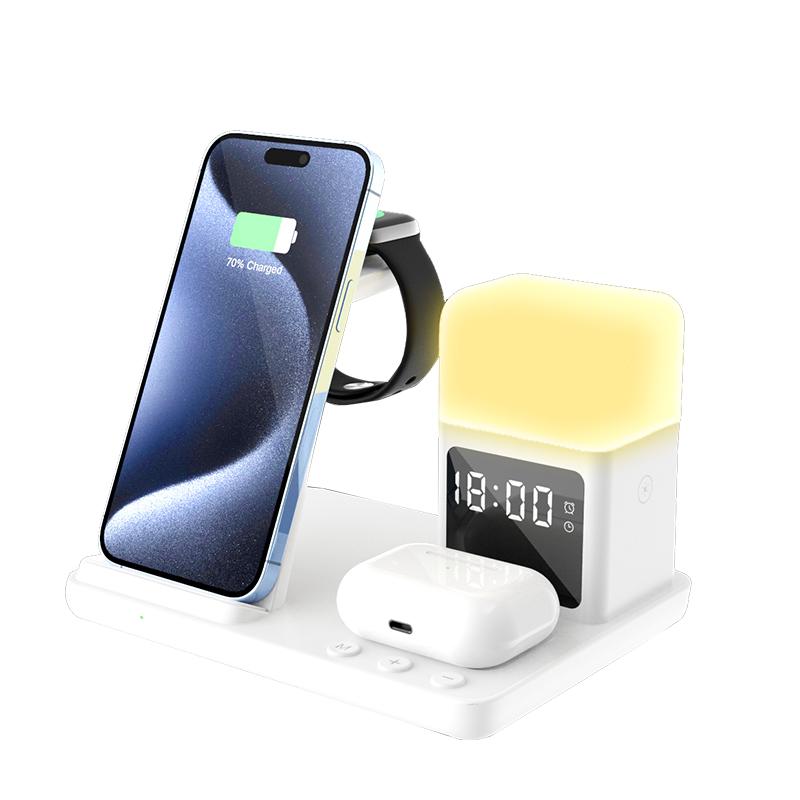 

Беспроводная зарядная станция 6 в 1 с будильником и подсветкой для Watch Ultra 10 9 8 7 6 5 iPhone 16 15 14 13 12 11 iPods 4 3 Pro