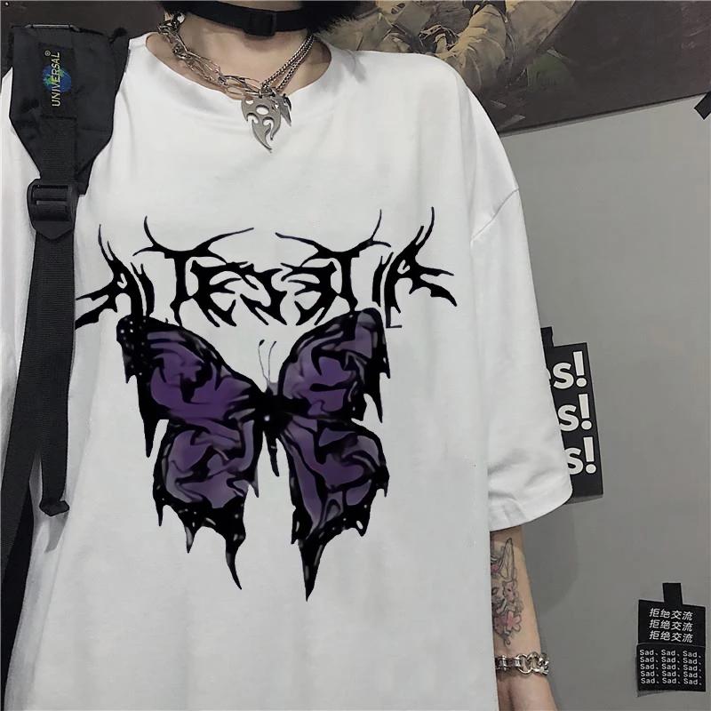 

Vintage Oversized Harajuku Womens TShirt Aesthetic ShortSleeved Punk Butterfly Print Unisex Streetwear Shirt S