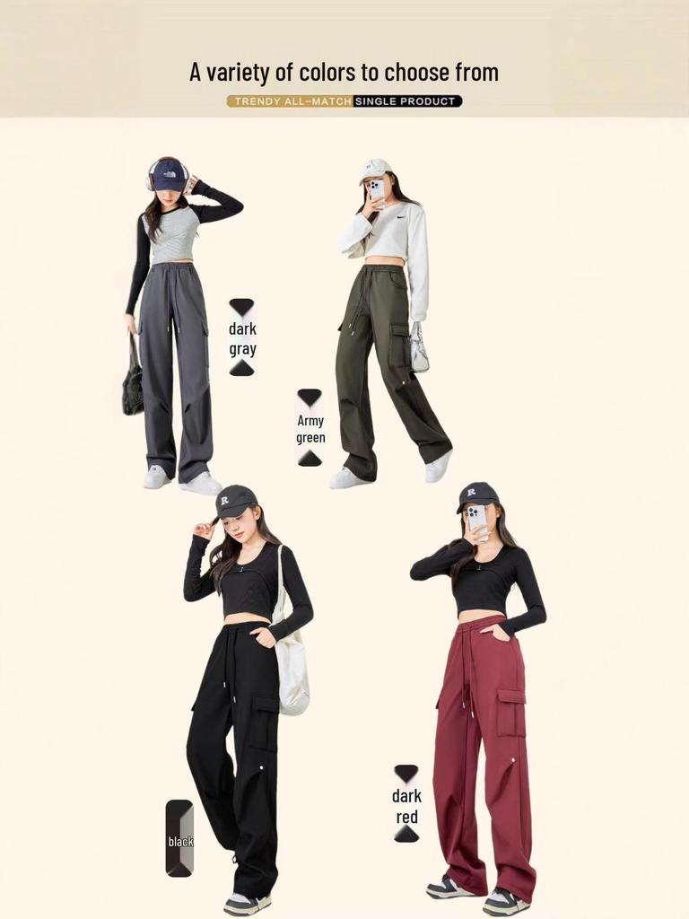 Damen Hochwertige Lässige Cargohose: Herbst/Winter-Stil, mit Plüschfutter, lockere Passform, gerades Bein, mehrere Taschen, Kordelzug, Polyester.
