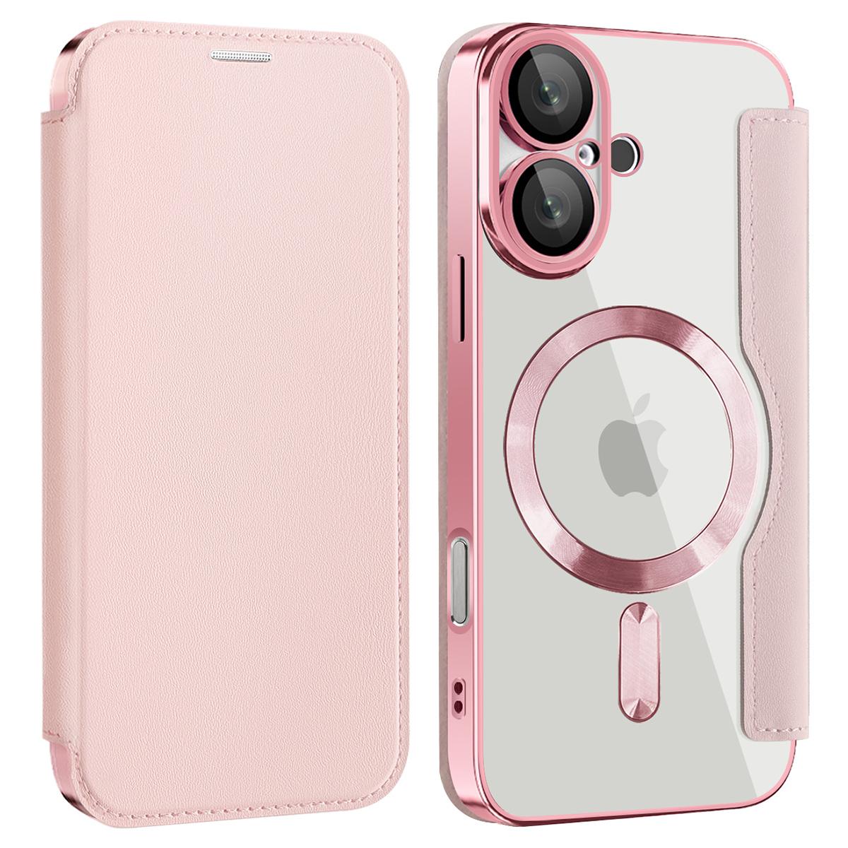 

For iPhone 16 Plus Case Compatible with MagSafe RFID Blocking Leather Phone Cover Pink