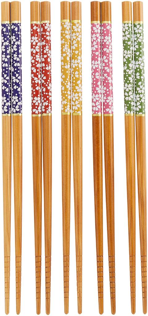 Wakasa Lacquer Set of for Made of Bamboo with Susutake and Small Cherry Blossom Made in Product Number 264987 Chopsticks, Non-Slip, 22.5cm, 5, Guests,