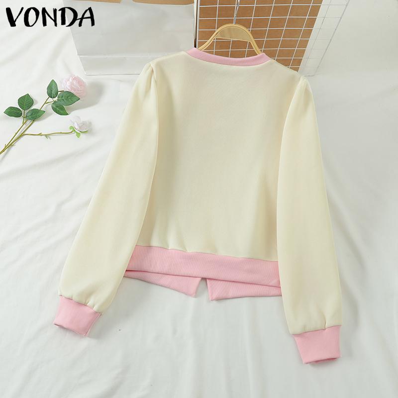 VONDA Chaquetas de Otoño para Mujer de Cuello Redondo con Contraste de Color y Lazo de Manga Larga