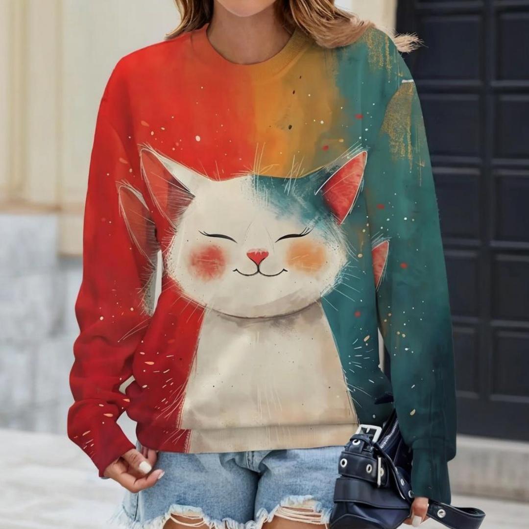

Women s Long-Sleeved T-Shirt for Fall Loose-fitting Casual Long-Sleeved Top Cartoon Cat Print OverSize Women s Clothing S