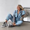 2026 European and American Color Matching Two-piece Set Short Stand-up Collar Zipper Jacket Elastic Waist Tied Sports Trousers Set