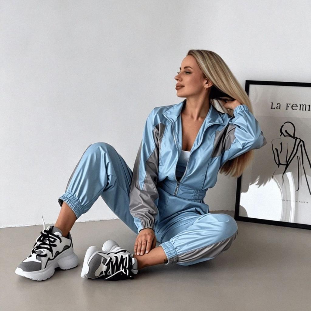 2026 European and American Color Matching Two-piece Set Short Stand-up Collar Zipper Jacket Elastic Waist Tied Sports Trousers Set
