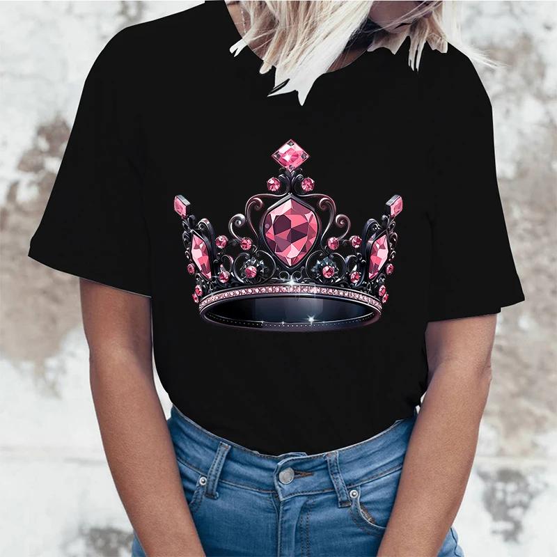 Crown Letter Printed Women T-Shirts Crown Short Sleeve Shirts Summer Round Neck Tee Shirt Casual Tops