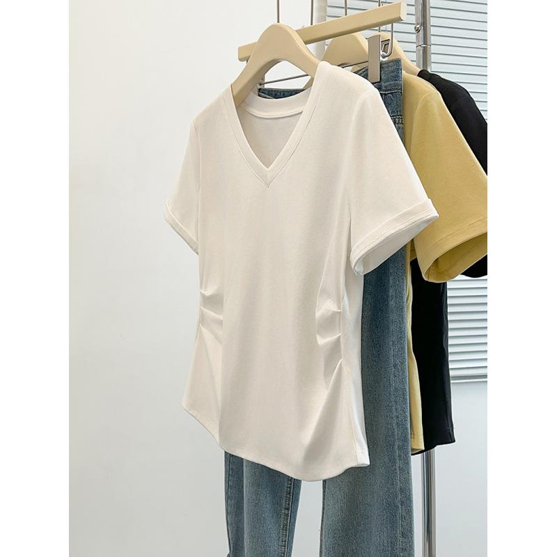 2026 Plus Size V-Neck Slimming Short-Sleeved T-Shirt for Women 2XL белый