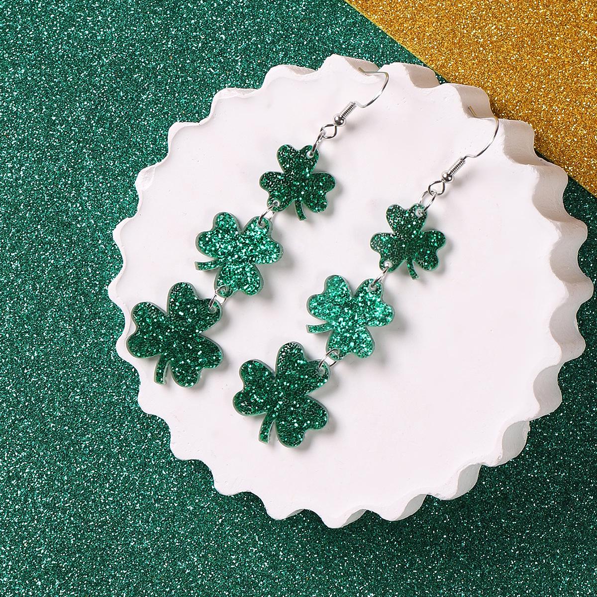 European and American Festival Glitter St. Patrick s Day Clover Acrylic Women s Earrings
