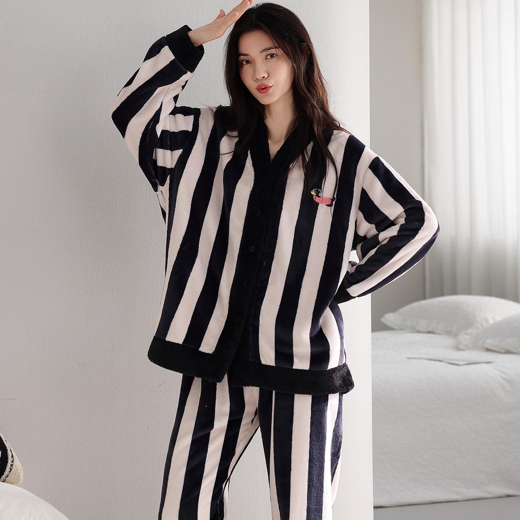 Flannel Pajamas Women'S Autumn And Winter Long-Sleeved Thickened Warm Coral Fleece Winter Loungewear Set