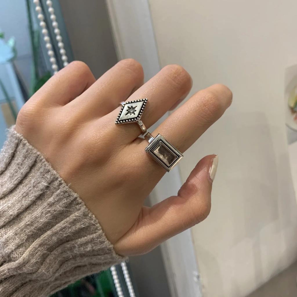 QMCOCO Personality Design Retro Simple Geometric Pattern Silver Color  Ring Woman Open Adjustable Korean New INS Trend Ring