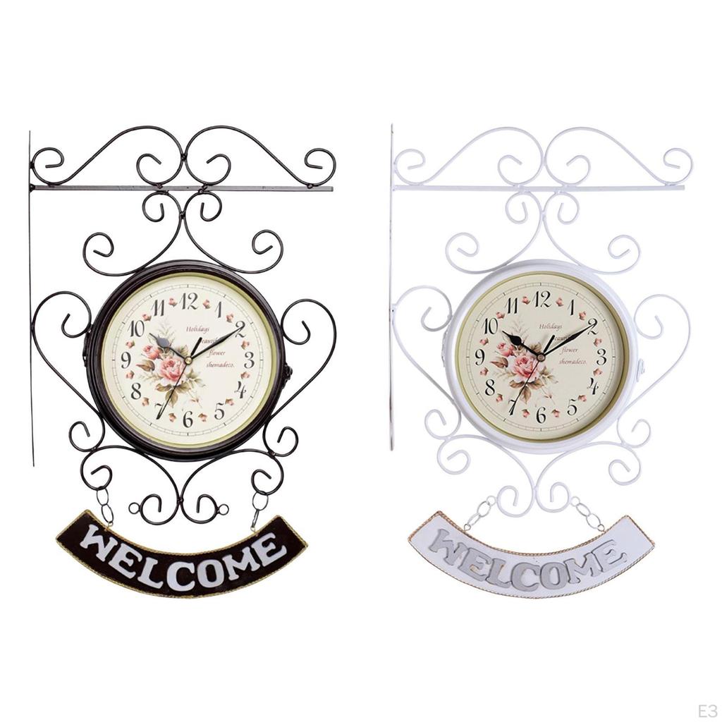 Antique Double Sided Wall Clock Silent Iron Faced Hanging Round Quiet for Hallway