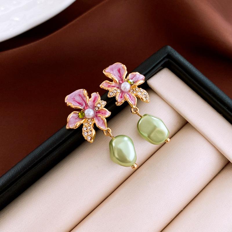 French retro drip diamond flower silver needle earrings Internet celebrity ins earrings