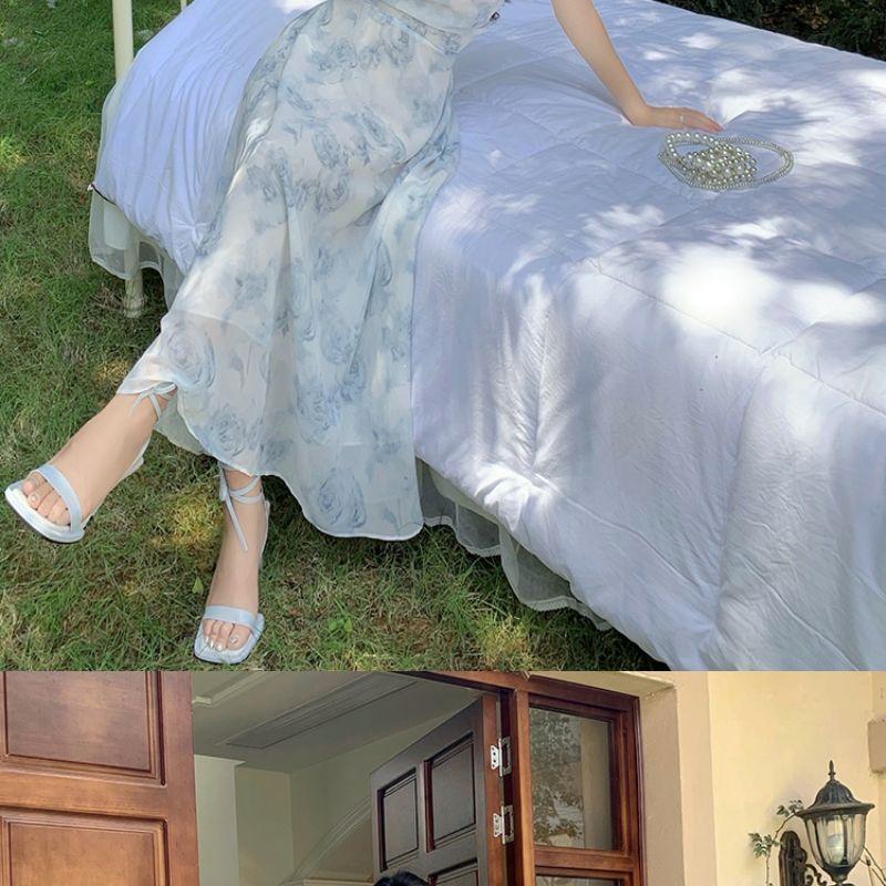 Women's Blue Floral Strappy Dress - French Tea Party, Waist-Cinched, Long Summer Beach Dress