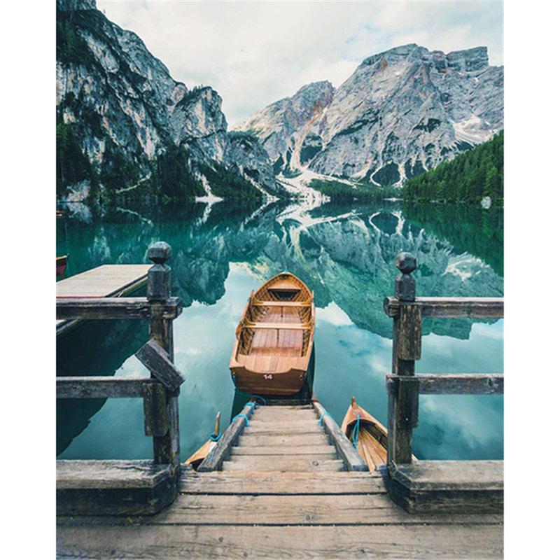 Full Round Drill DIY Diamond Painting Boat Full Round Drill Lake Scenery Embroidery Cross Stitch Home Decor Gift