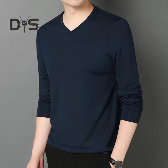Men Fall Spring Top V Neck Long Sleeves Pure Color Slim Fit Thin Pullover T-shirt Daily Wear Sport Homewear Clothes
