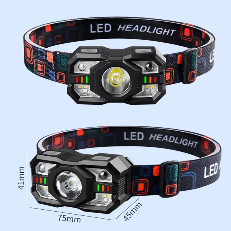 Lampă frontală puternică cu senzor LED, far reîncărcabilă prin USB, lanternă cu LED pentru cap, lumină de căutare pentru camping, cu baterie încorporată, lanternă de pescuit