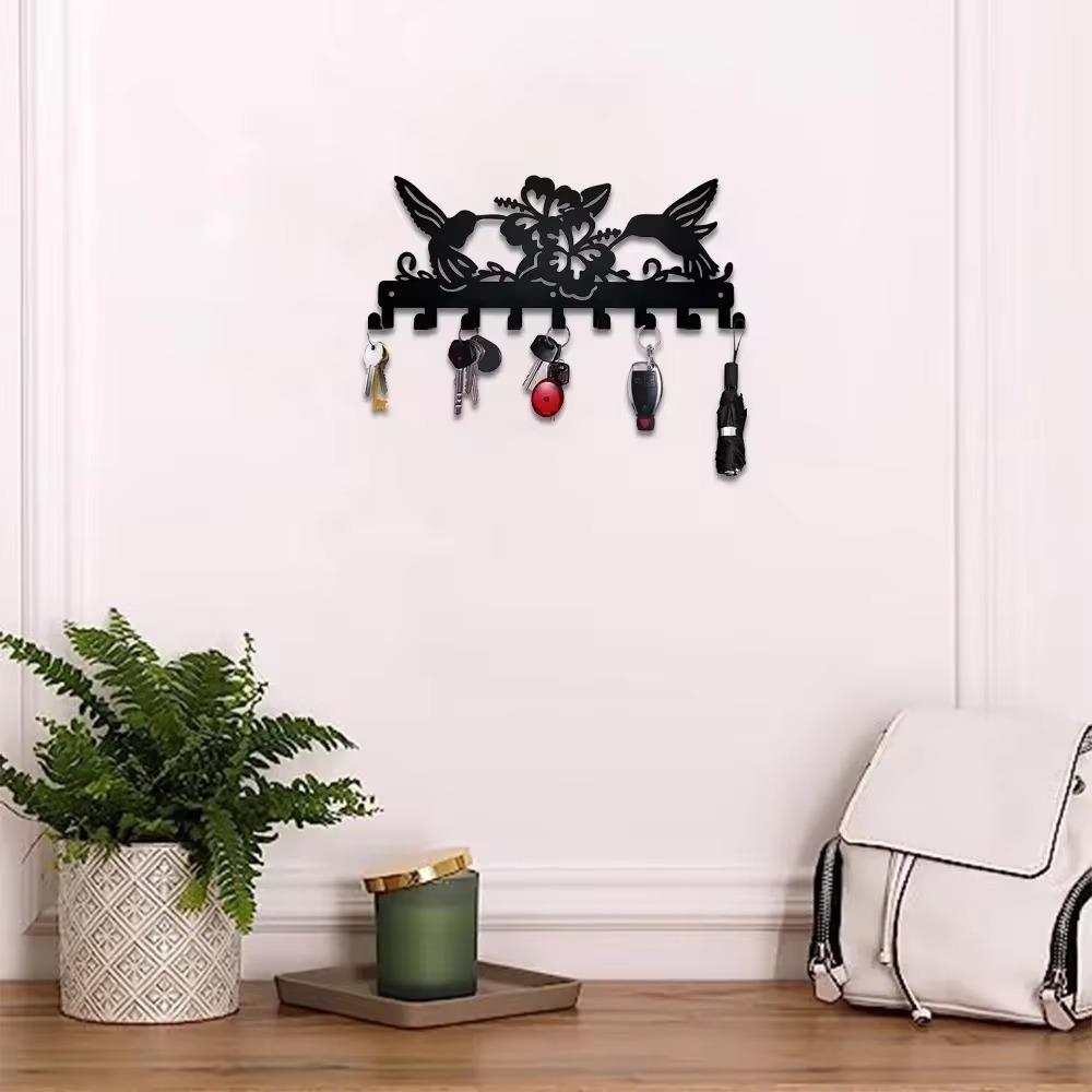 Metal Wall Hanging Storage Rack – Bird and Flowers Design Coat Rack for Keys and Hats, Wall-Mount Hooks, and Coat Organizer