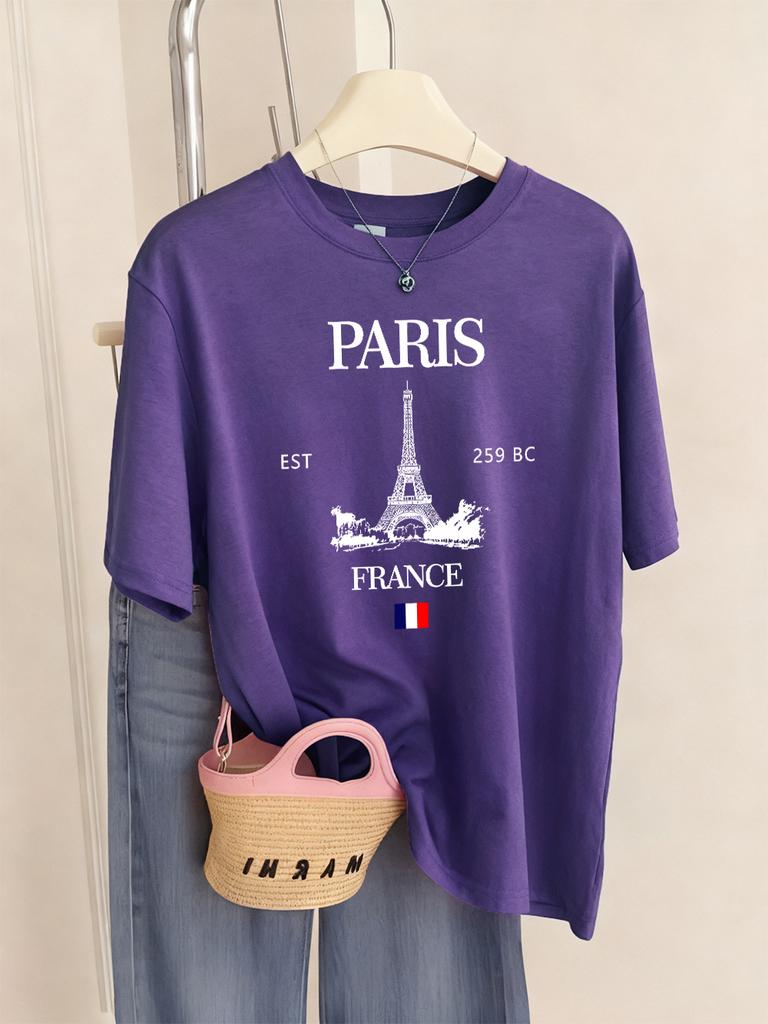 Paris Frankreich Eiffelturm Drucke T-Shirts Damen Sommer Basic Kurzarm Oberteile Rundhals Lockere T-Shirts Basics Weiche Damenkleidung