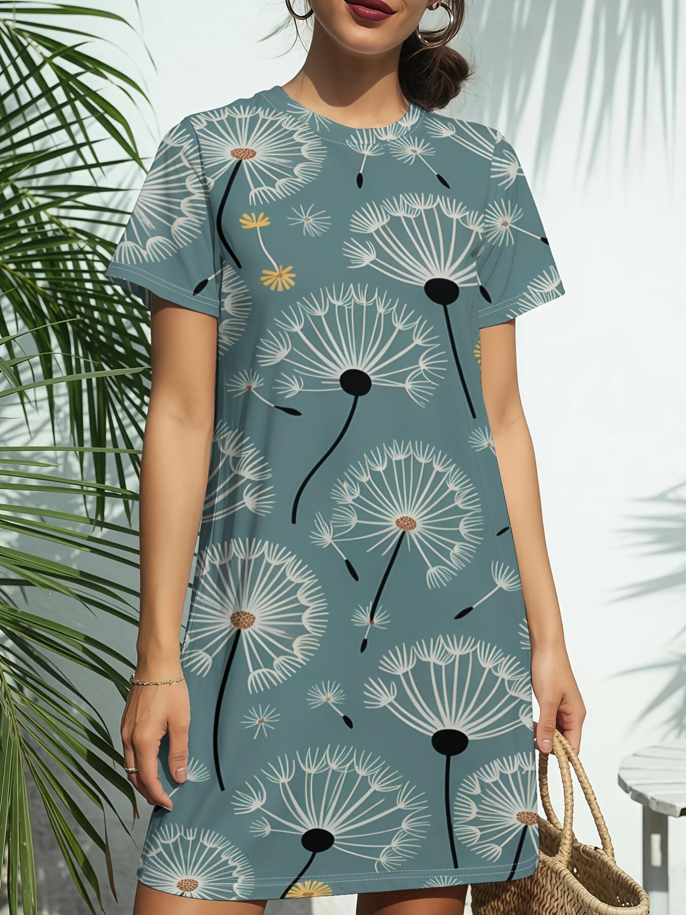 

Teal Dot Bloom New Arrival Women S Round Neck Short-Sleeve T-Shirt Dress. American Trendy Digital Print. Casual Versatile Style for Spring And Summer. 3XL дубильна кора
