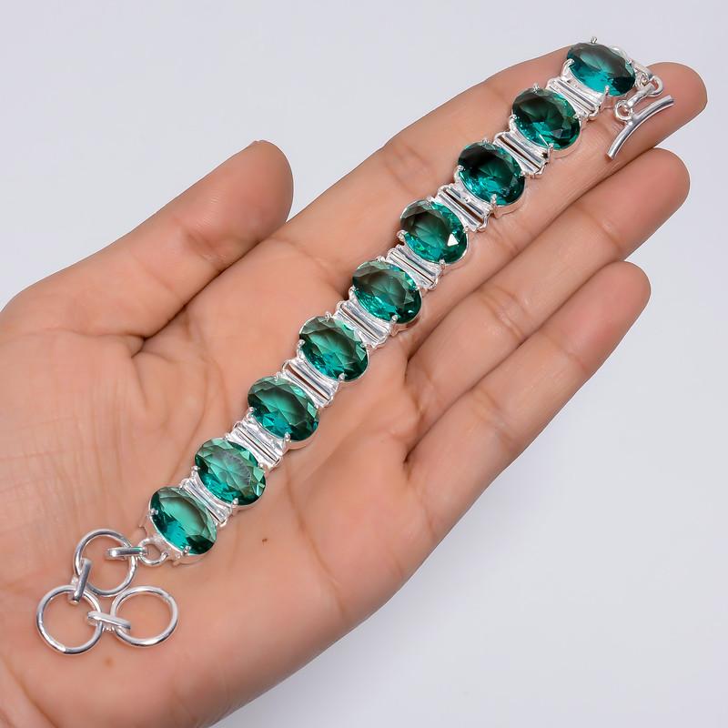 Fabulous Top Grade Qualite 100% Natural Green Apatite Oval Shape Ethnic Style Handmade Jewelry 925 Steling Silver Bracelet 6-8" WSJ-5176