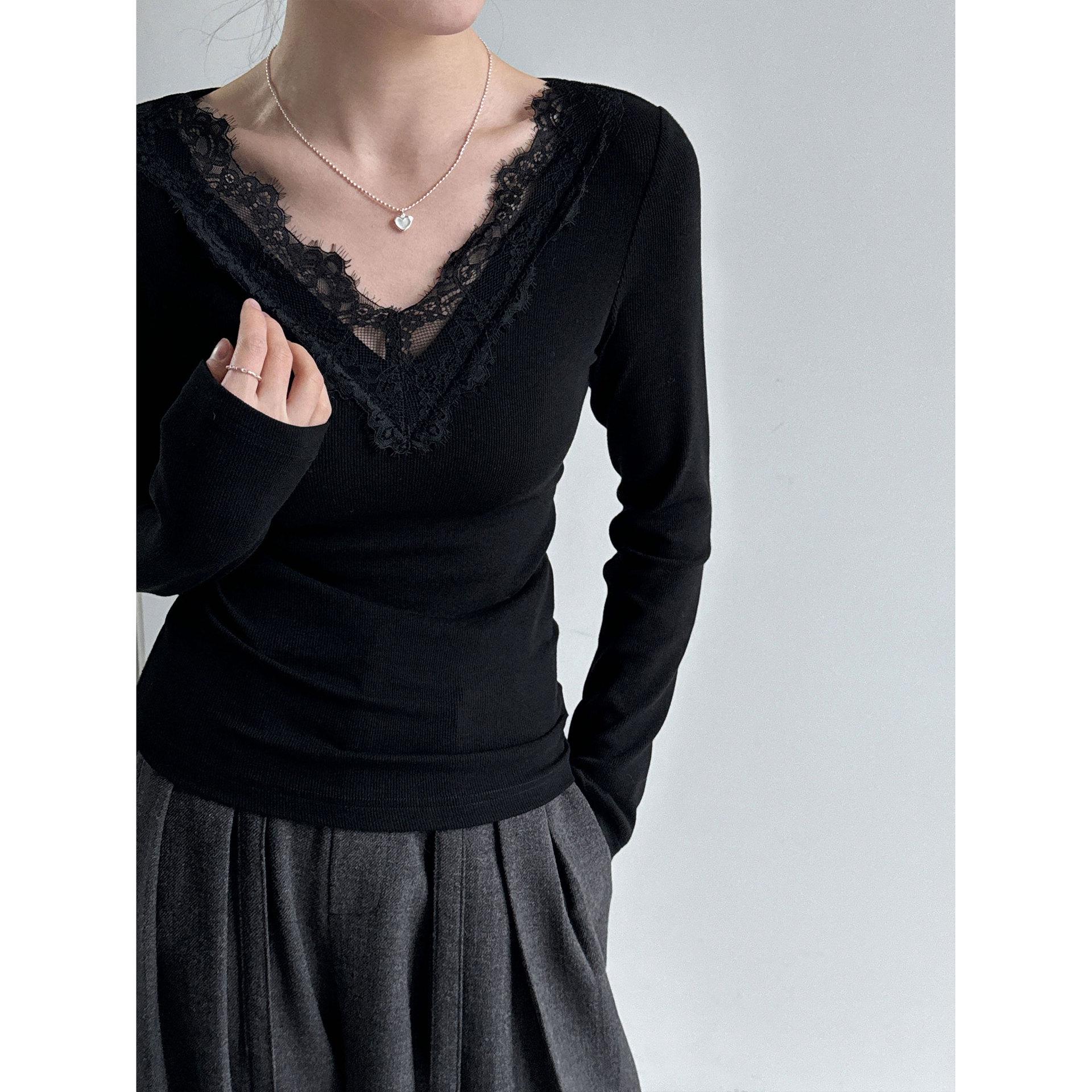 Luxi Women s Korean Style V-Neck Lace Patchwork Knit Slimming Top for Early Spring 2026 Large