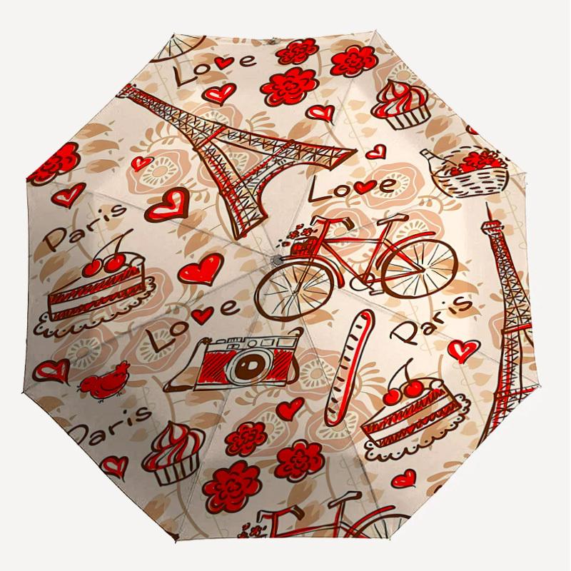1pc Paris Love Automatic Open/Close Umbrella Compact Folding Umbrella with 8-Rib Shaft for Women/Men, Portable Travel Umbrella,1213S
